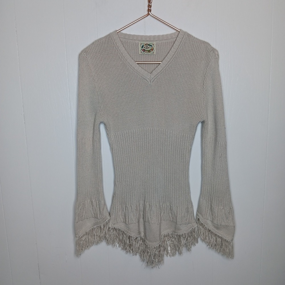 Y2K 24 Karat Babydoll Sweater Size L Beige Asymmetrical Fringe Boho Festival